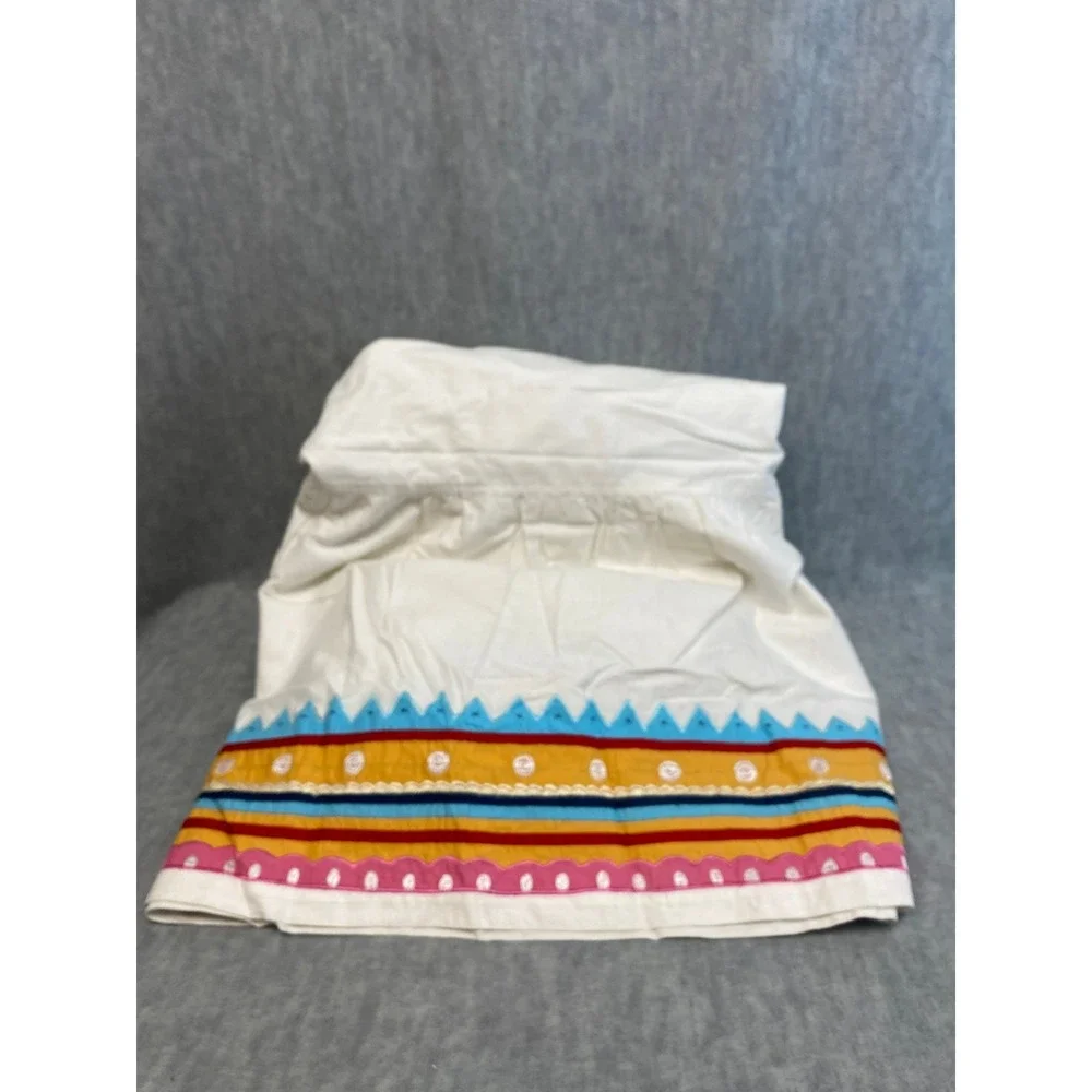 Garnet Hill Twin Bed Skirt White Cotton Colorful Embroidered Boho‎ Style